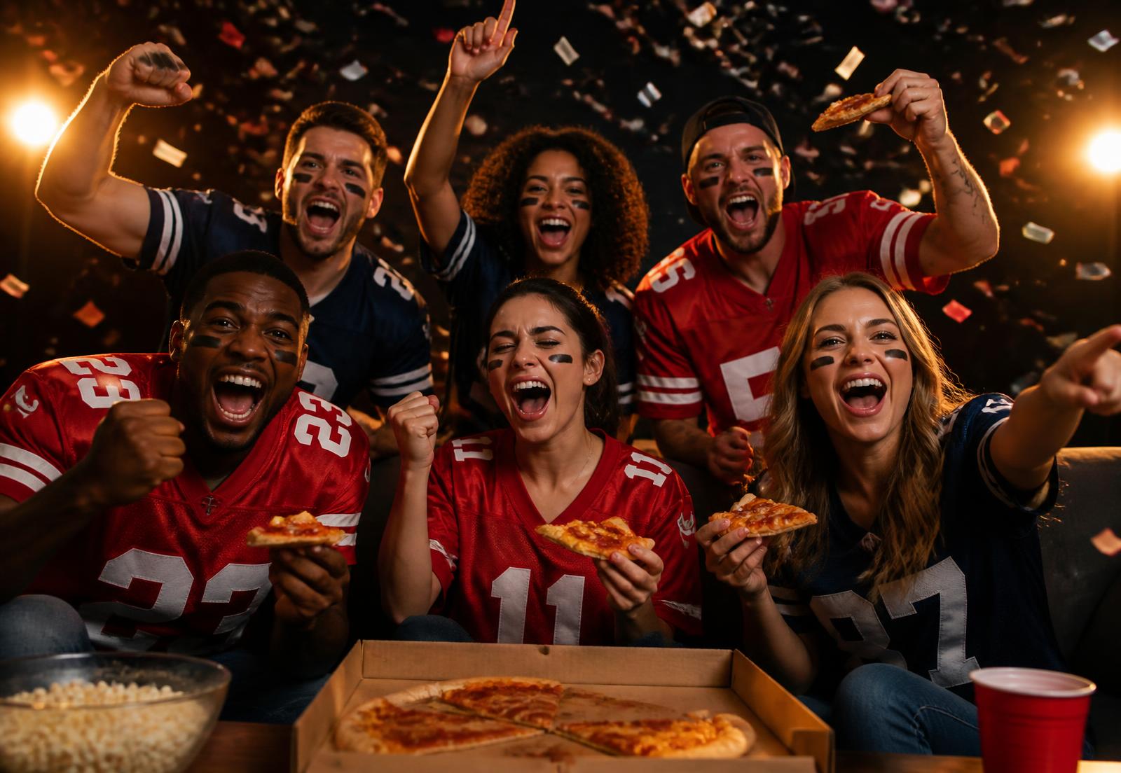 Football fans in team jerseys cheering with Straw Hat Pizza on game day